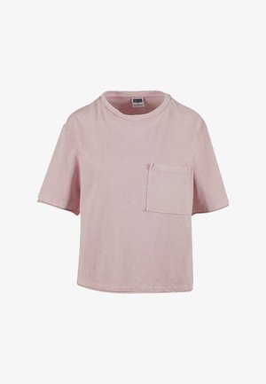 T-shirt rose à manches courtes en coton doux, avec un col rond et une poche poitrine unique dotée de finitions brutes.
