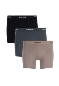 Paket treh bokseric: črna, temno siva in svetlo rjava. Vsak ima mehak bombažni material, elastičen pas z logotipom "CHASIN'" in funkcionalno zasnovo.