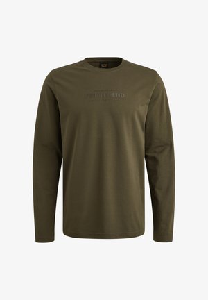 Langærmet skjorte i olivengrønt bomuld med rund halsudskæring og struktureret "PME LEGEND AMERICAN CLASSIC" print på brystet.