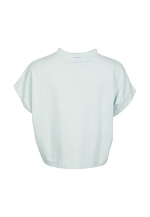 Lichtblauw cropped top met korte mouwen, een hoge ronde halslijn en een losse pasvorm, weergegeven op een effen witte achtergrond.