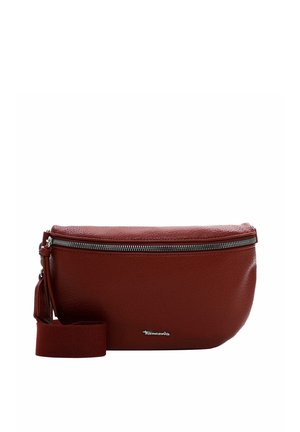 Red leather crossbody bag with a textured finish, zip closure, and a detachable strap. Features a tassel detail and embossed logo.