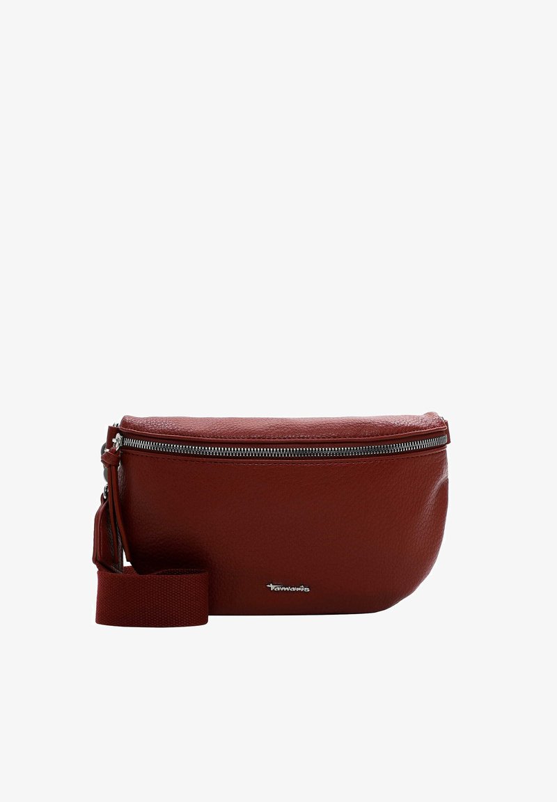 Rød læder crossbody taske med struktureret overflade, lynlåslukning og aftagelig strop. Karakteriseret ved detalje med kvast og præget logo.