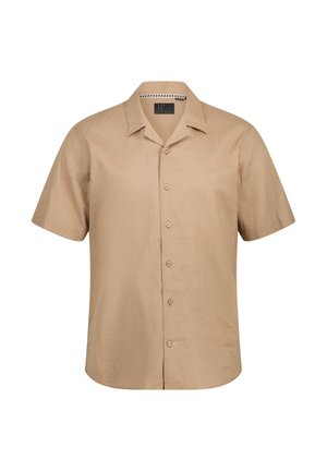 Hemd mit kurzen Ärmeln in Beige aus leichtem Stoff, mit Kragen, vorderen Knöpfen und dezent gesticktem Logo auf der Brust.