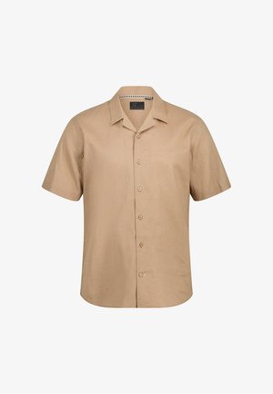 Korte mouwen, beige overhemd van lichtgewicht stof, met een kraag, voorknopen en een subtiele geborduurde logo op de borst.