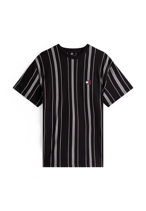 Zwart T-shirt met korte mouwen, witte verticale strepen en een klein Tommy Jeans-logo op de linkerborst.