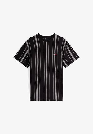 Fekete rövid ujjú póló fehér, függőleges csíkokkal és a bal mellrészen egy kis Tommy Jeans logó folttal.