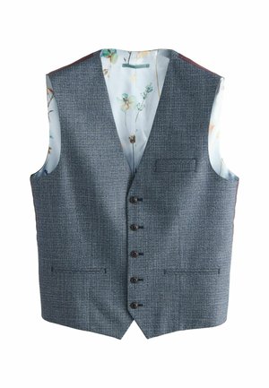 Chaleco texturizado azul con cinco botones negros, dos bolsillos frontales y un forro con estampado floral visible en los agujeros de los brazos.