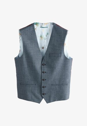 Chaleco texturizado azul con cinco botones negros, dos bolsillos frontales y un forro con estampado floral visible en los agujeros de los brazos.