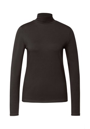 Zwarte lange mouwen turtleneck top van gladde stof, met een aansluitend ontwerp en een hoge kraag, met minimale stikseldetails.