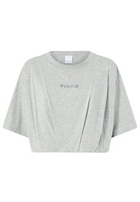 T-shirt grigia corta realizzata in un morbido tessuto, con scollo rotondo e maniche corte larghe. Sul fronte è ricamato "PINKO" in blu chiaro.