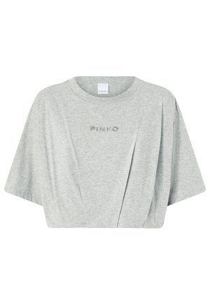 T-shirt grigia corta realizzata in un morbido tessuto, con scollo rotondo e maniche corte larghe. Sul fronte è ricamato "PINKO" in blu chiaro.