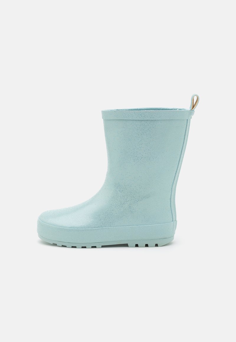 Light blue rubber rain boot with a glossy finish, rounded toe, and textured sole for grip. Includes a pull tab at the back.