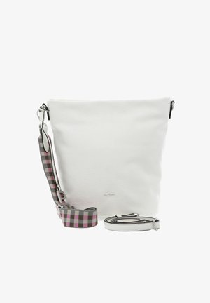 Sac bandoulière en cuir blanc avec fermeture éclair argentée et deux sangles amovibles, une blanche unie et une à motif à carreaux rose, noir et blanc.