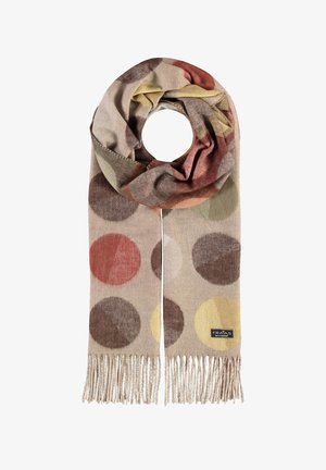 Sciarpa di lana con un motivo circolare a pois in ruggine, oliva, beige e senape su uno sfondo beige, rifinita con dettagli in frange.