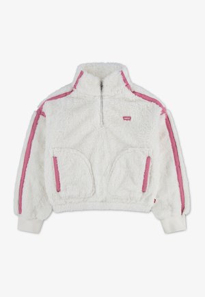 Giacca bianca pelosa con mezza zip, strisce rosa sulle maniche, due tasche anteriori con bordo rosa e piccolo logo Levi's rosso sul petto.
