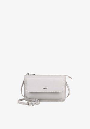 Sac bandoulière en cuir blanc avec poche à rabat avant, logo argenté en forme de renard, fermeture éclair et sangle réglable sur fond blanc.