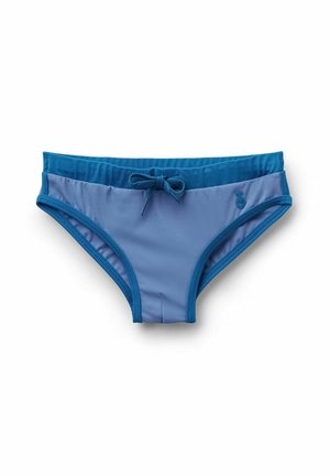 Blå bikinibund med en mørkere blå taljebånd og en knyttet snøre foran i midten på en hvid baggrund.