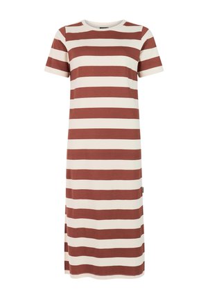 Short-sleeve midi dress with wide horizontal brown and beige stripes and a crew neckline.