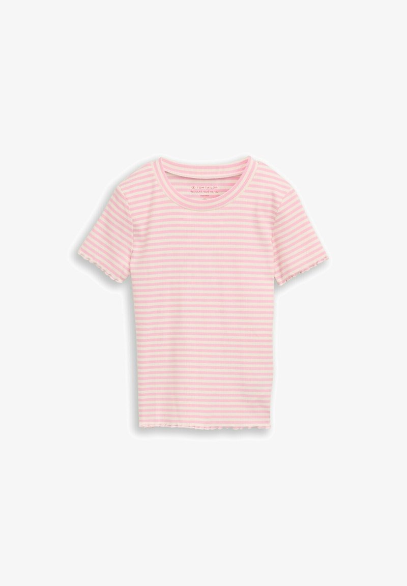 Różowo-biała koszulka w paski z krótkim rękawem, okrągłym dekoltem, miękkim materiałem i falistym wykończeniem na rękawach i dole.
