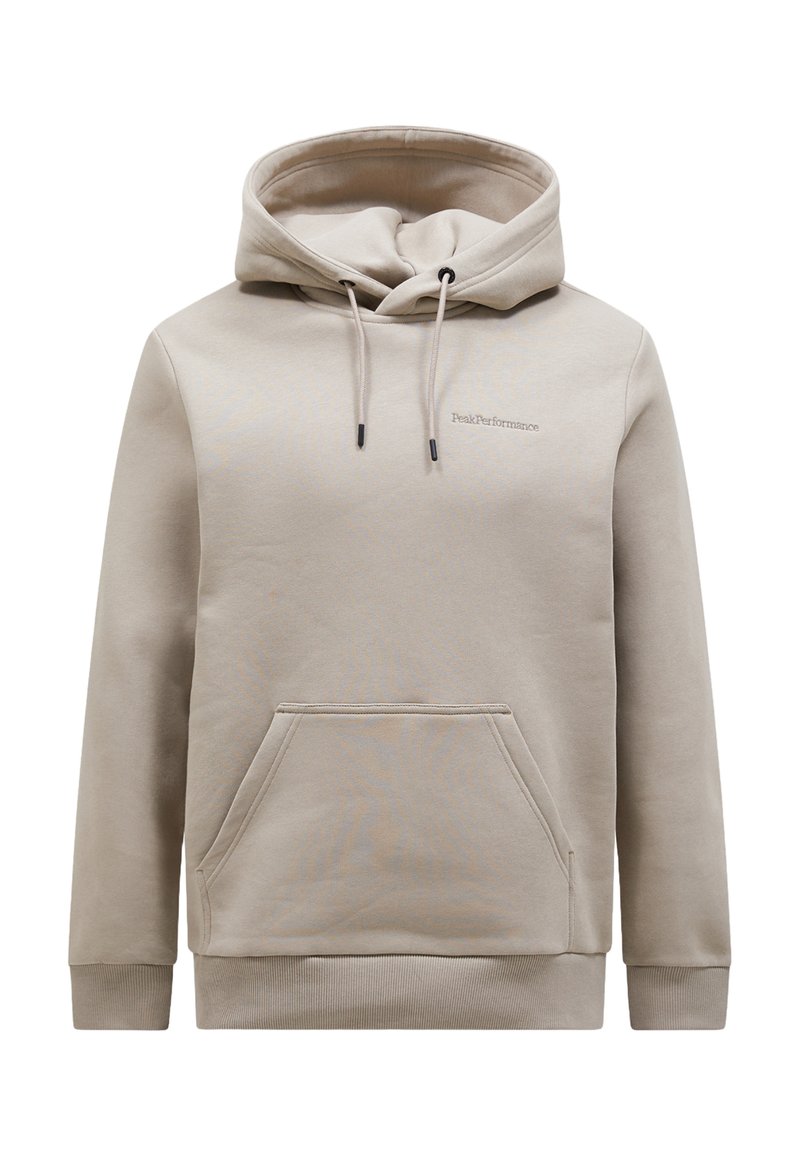 Hellebeige hettegenser laget av myk stoff, med en frontlomme, snøring på hetten og ribbestrikkede cuffs. Inkluderer subtil logo-detalj.