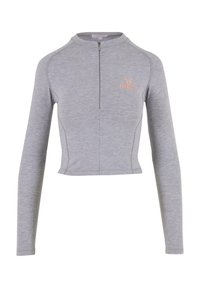 Top atlético gris corto, de mangas largas, con cuello alto con cremallera, que presenta un logo rosa claro en el pecho. Textura suave con un diseño ajustado.
