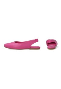 Slingback-Flats aus leuchtend pinkem Kunstmaterial mit runder Zehenform, minimalem Absatz und glatter Textur; verfügen über eine ausgeschnittene Rückseite.