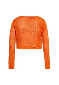 Dlhý rukáv, skrátený sveter v jasne oranžovej farbe, s voľne pletenou štruktúrou a vzorom včelieho plástu, rukávy zakončené patentom.