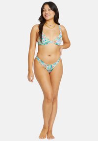Floral bikini set featuring a multicolored pattern with a triangular top and low-rise bottom, made from smooth, lightweight fabric.