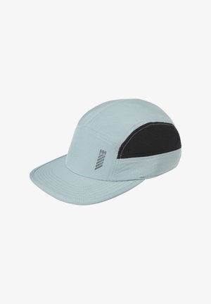 Light blue cap with black side panels, curved brim, and small vertical striped logo on front left panel.
