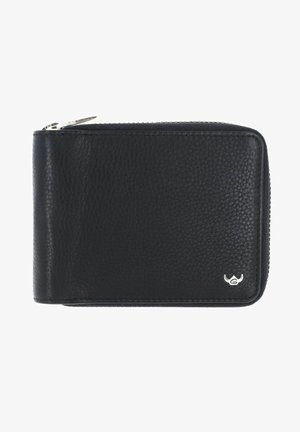 Portefeuille zippé en cuir noir texturé avec un petit logo argenté en bas à droite.