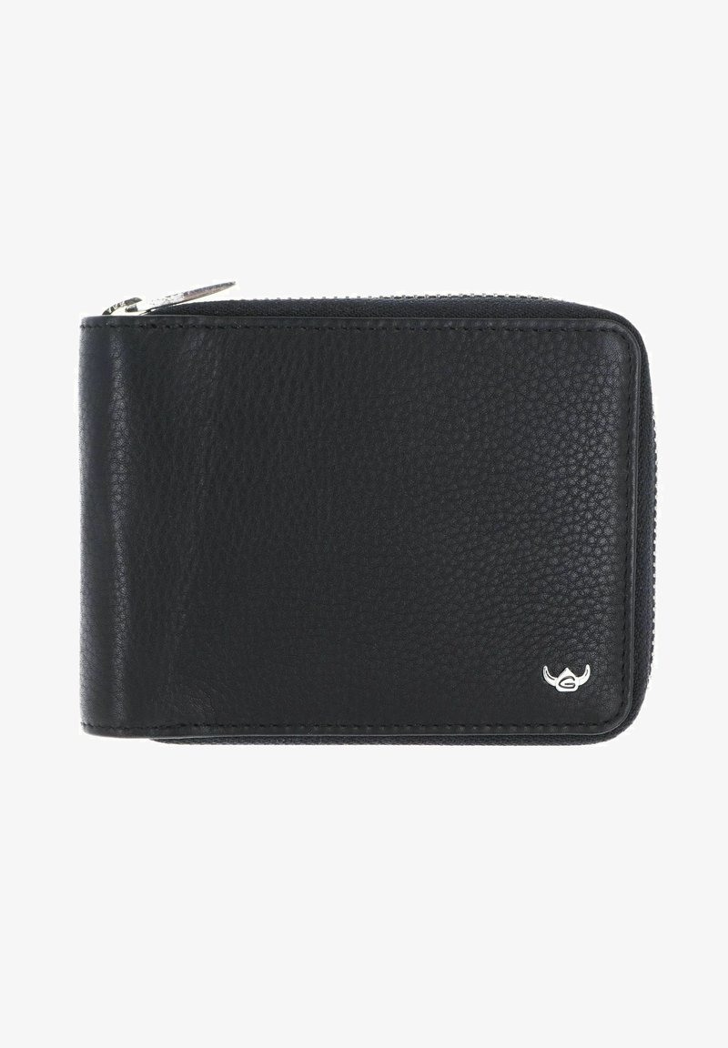 Portefeuille zippé en cuir noir texturé avec un petit logo argenté en bas à droite.