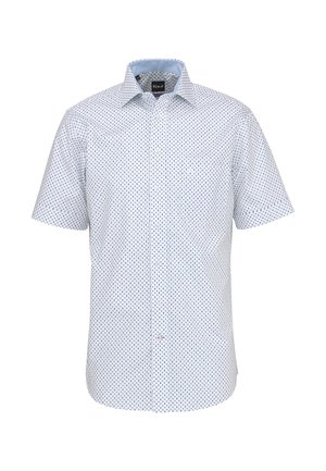 Kurzärmeliges Hemd mit Knopfleiste, weißem Stoff und kleinem blauem Kreisdesign sowie hellblauer innerer Kragenfütterung.