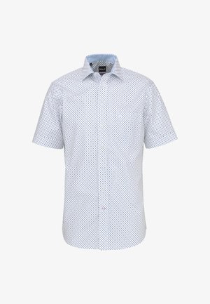 Kurzärmeliges Hemd mit Knopfleiste, weißem Stoff und kleinem blauem Kreisdesign sowie hellblauer innerer Kragenfütterung.