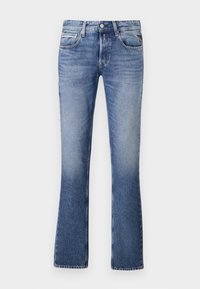 Lichtblauwe denim jeans met een uitlopende pijpdesign, voorzien van vijf zakken, een knoopsluiting aan de voorkant en subtiele vervaging overal.
