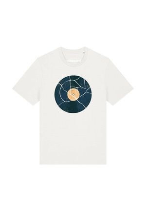 T-shirt blanc à manches courtes avec un graphisme de disque vinyle noir fissuré imprimé au centre.
