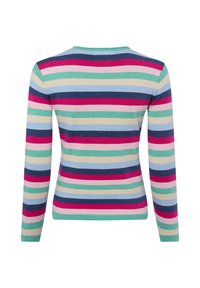 Trui met lange mouwen met horizontale strepen in blauw, groen, roze en crème, met een ronde halslijn en een zachte textuur.