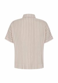 Short-sleeve, light beige shirt with vertical stripes in darker beige. Features a folded collar and straight hem. Soft, textured fabric.