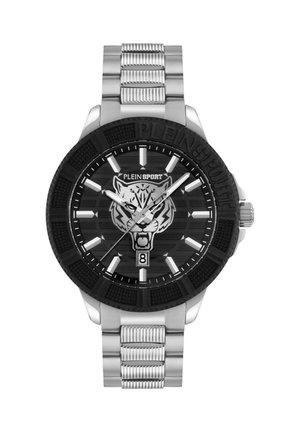 Silberne Metallarmbanduhr mit schwarzer Lünette, Tigerkopf auf schwarzem Zifferblatt, weißen Stundenmarkierungen, drei Zeigern und Datumsanzeige bei der Sechs-Uhr-Position.