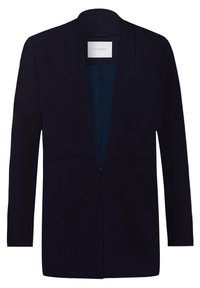 Marinblazer med rak skärning, långa ärmar, öppen front och utan knäppningar. Har en slät textur och en etikett inuti med "IVY & OAK."