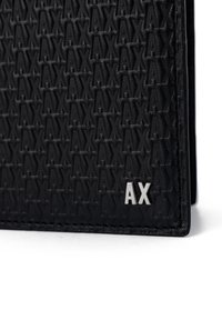 Black wallet featuring a textured pattern of repeated "AX" logo, with a metallic silver "AX" accent. Smooth finish with stitched edges.