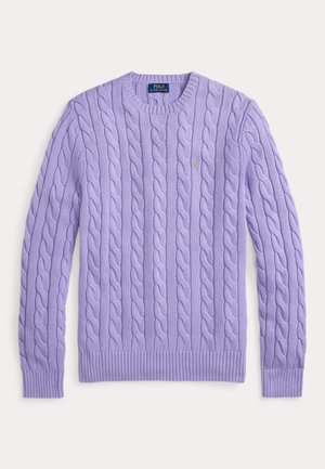 Cable-knit sweater in light lavender. Features a round crew neck, ribbed cuffs and hem, and a small embroidered logo on the chest.