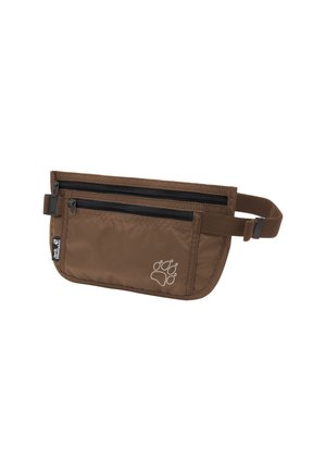 Braune Bauchtasche mit zwei schwarzen Reißverschlusstaschen und verstellbarem Riemen, mit kleinem Pfotenabdruck-Logo auf der Vorderseite.