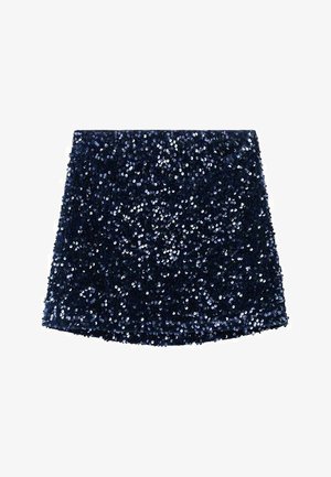 Temno modra mini krila s paetki in sijočo, teksturirano površino. Krilo ima razširjen dizajn in vsebuje gosto razporejene paetke.