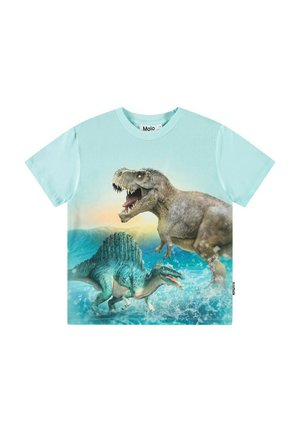 Vaaleansininen lyhythihainen T-paita, jossa on eläväinen dinoasurikuva, jossa on Tyrannosaurus ja Spinosaurus vedessä, yksityiskohtainen ja värikäs muotoilu.