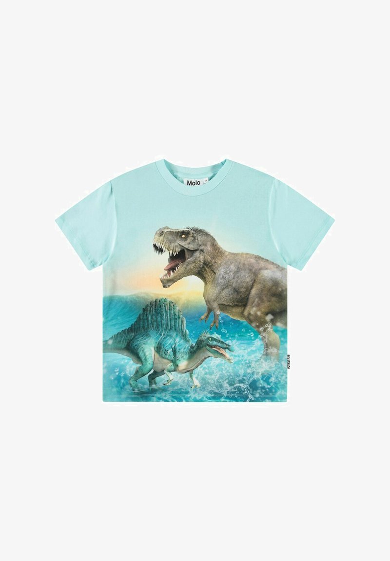 Lyseblå T-shirt med korte ærmer, der viser en livlig dinosaurgrafik med en Tyrannosaurus og Spinosaurus i vand, detaljeret og farverig design.
