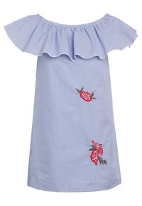 Sukienka na jedno ramię w niebiesko-białe paski, z falbanami na górze i czerwoną haftowaną florą z przodu. Wykonana z lekkiej bawełny.