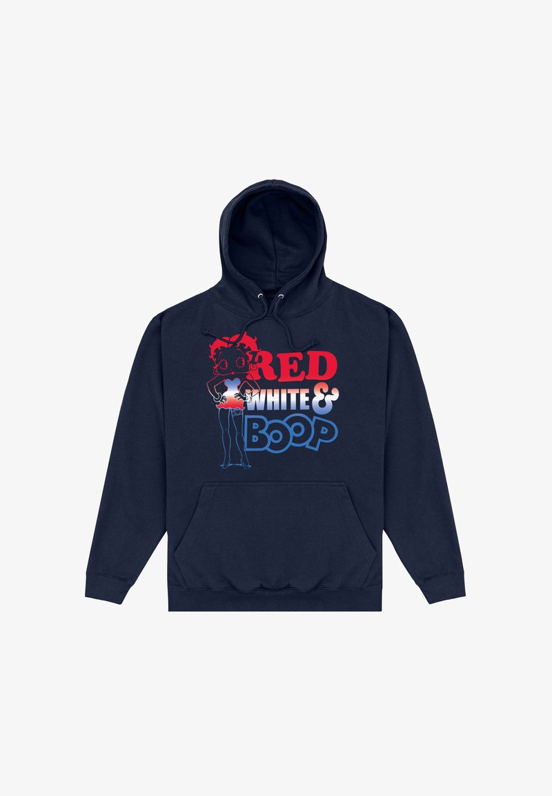 Granatowa bluza z kapturem z nadrukiem z przodu przedstawiającym Betty Boop oraz tekstem "Red White & Boop" w kolorach czerwonym, białym i niebieskim.
