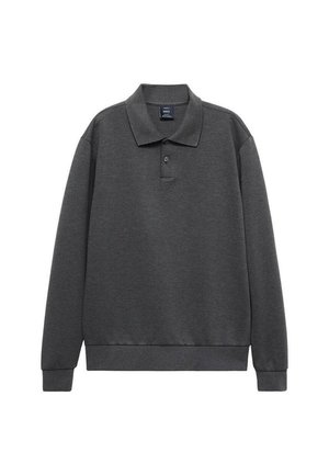 Polo de manga larga en gris oscuro, hecho de una mezcla de algodón, que presenta un cuello, tres botones y un dobladillo acanalado con mangas de puño.