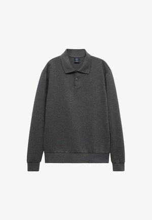 Polo de manga larga en gris oscuro, hecho de una mezcla de algodón, que presenta un cuello, tres botones y un dobladillo acanalado con mangas de puño.