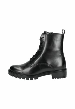 Bottine noire en cuir avec un design épuré, présentant des lacets, une languette de tirage et une semelle texturée pour une meilleure adhérence.